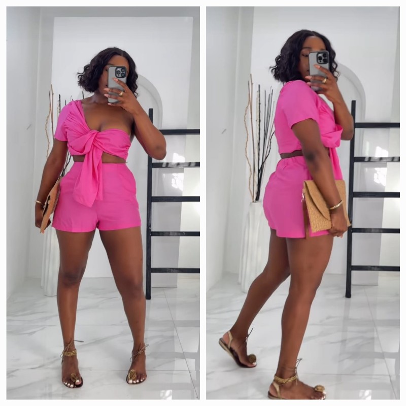 Draped One shoulder Shorts sets Pink