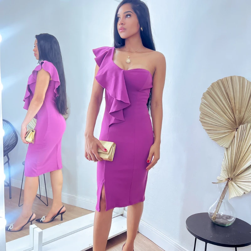 One-Shoulder ruffles midi dress Magenta