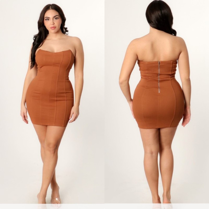 Strapless piping detail bodycon mini dress,  CAMEL